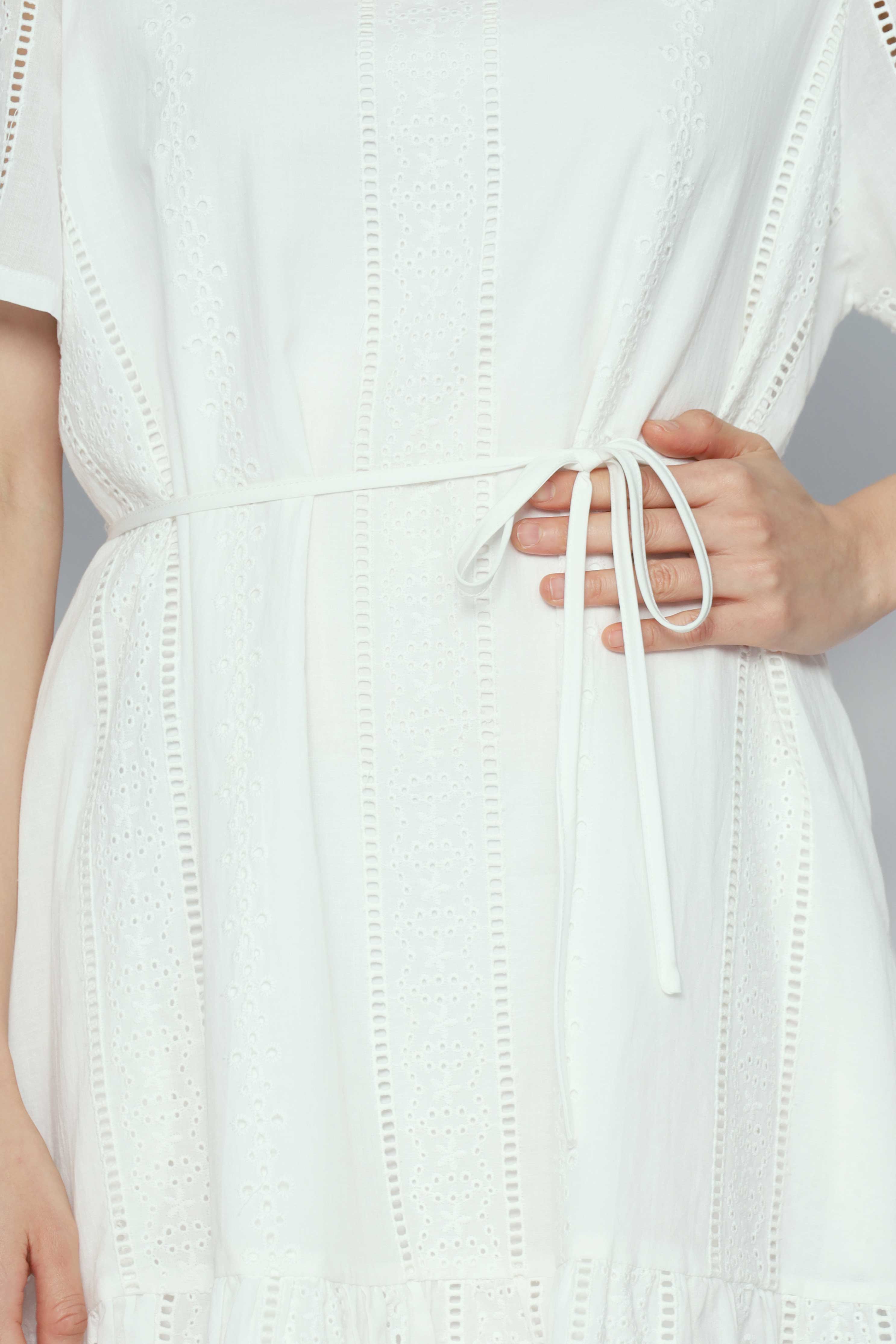 Mary Jane Cold Shoulder Dress in White Crochet