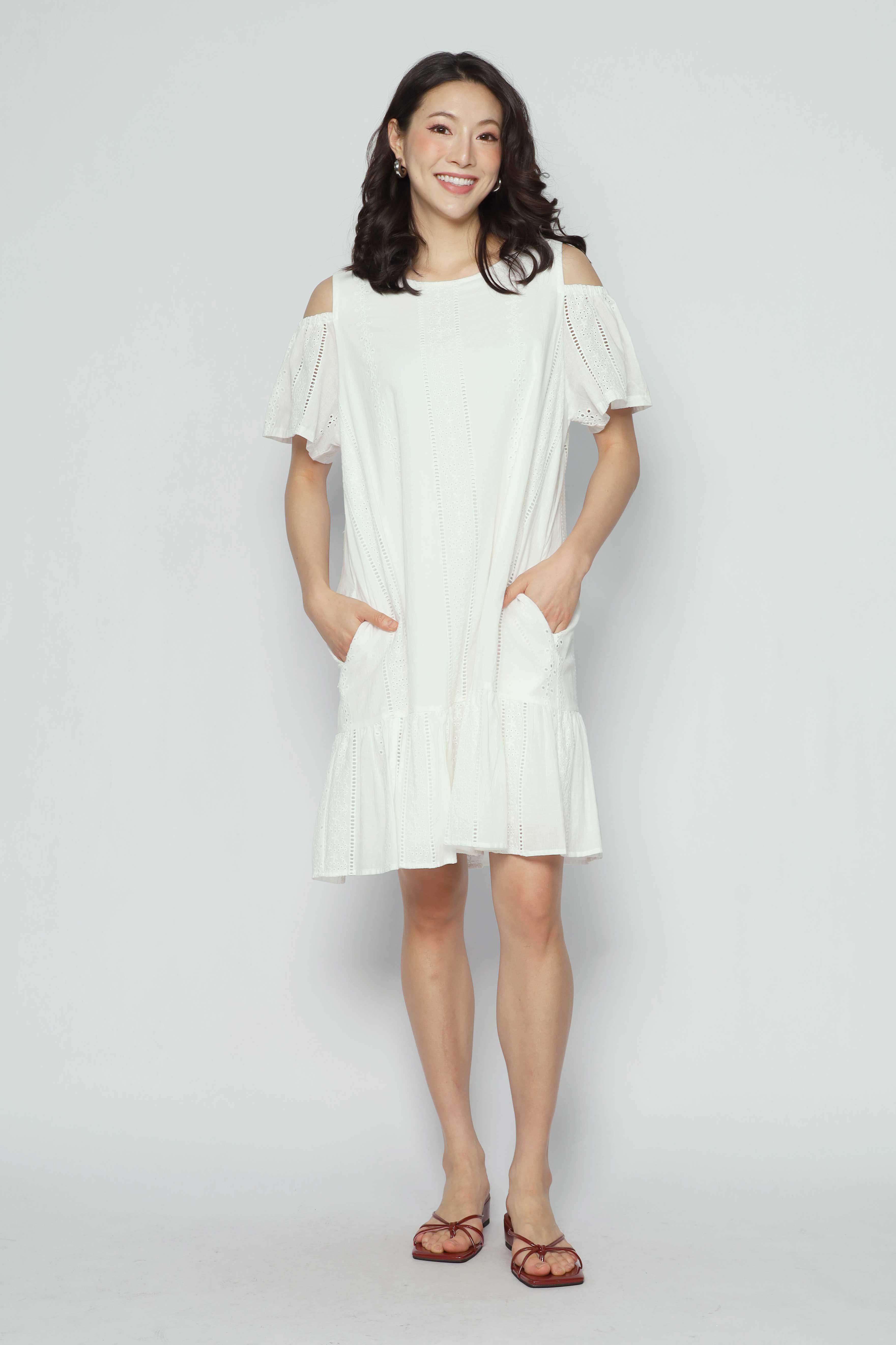 Mary Jane Cold Shoulder Dress in White Crochet