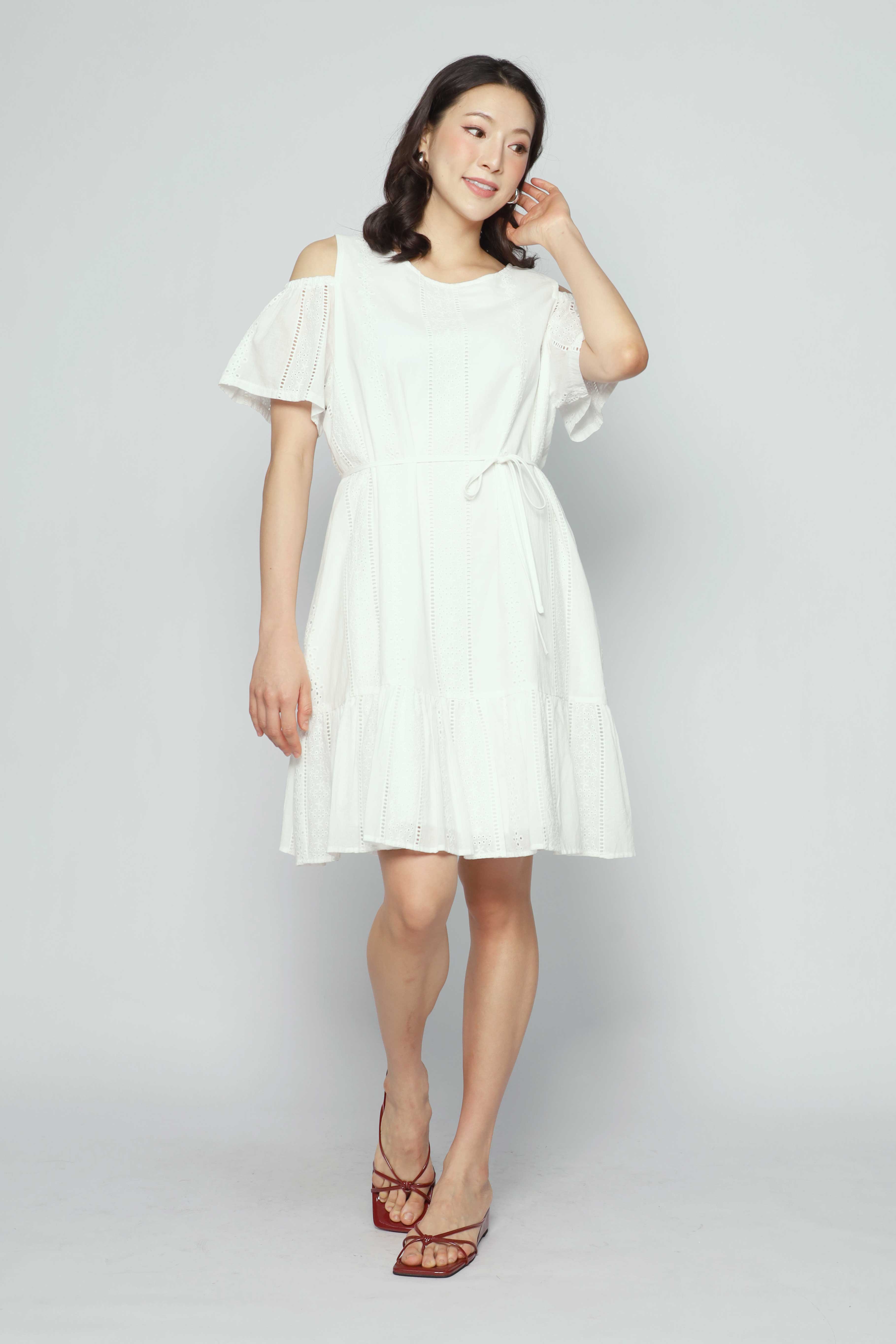 Mary Jane Cold Shoulder Dress in White Crochet