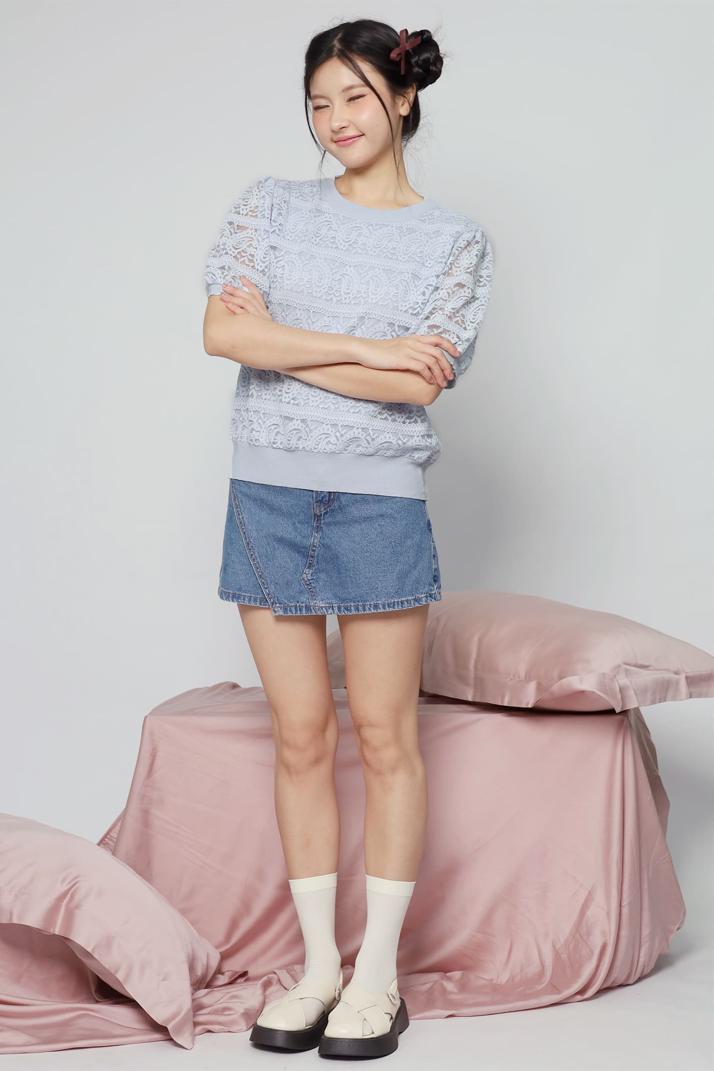 JOY - Suziki Crochet Knit Top in Baby Blue