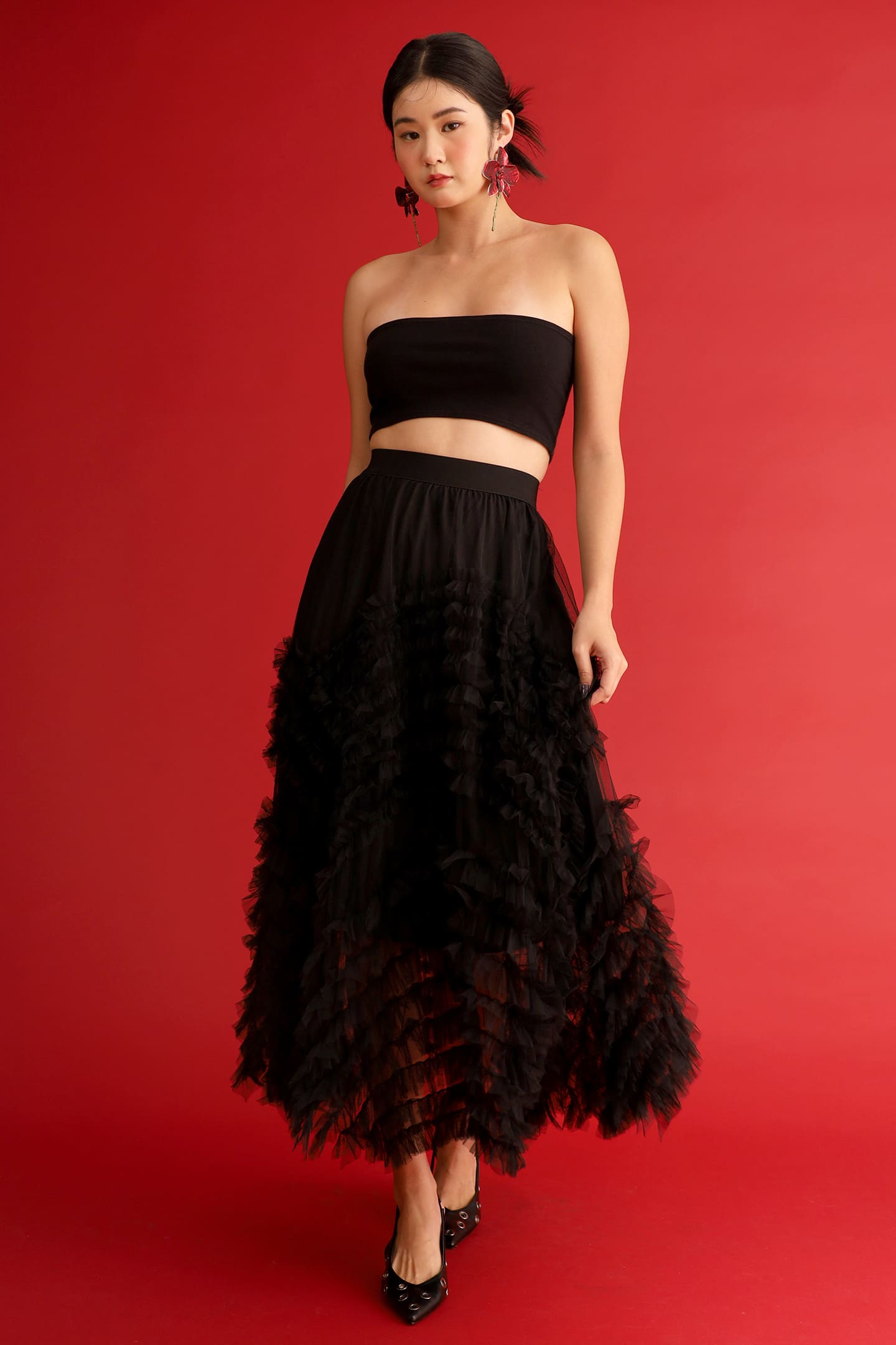 CHOSEN - Taiji Frill Mesh Skirt in Black