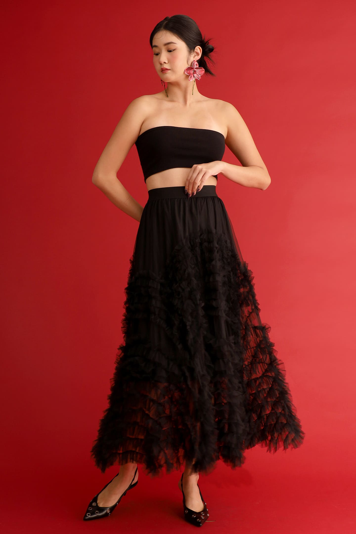 CHOSEN - Taiji Frill Mesh Skirt in Black