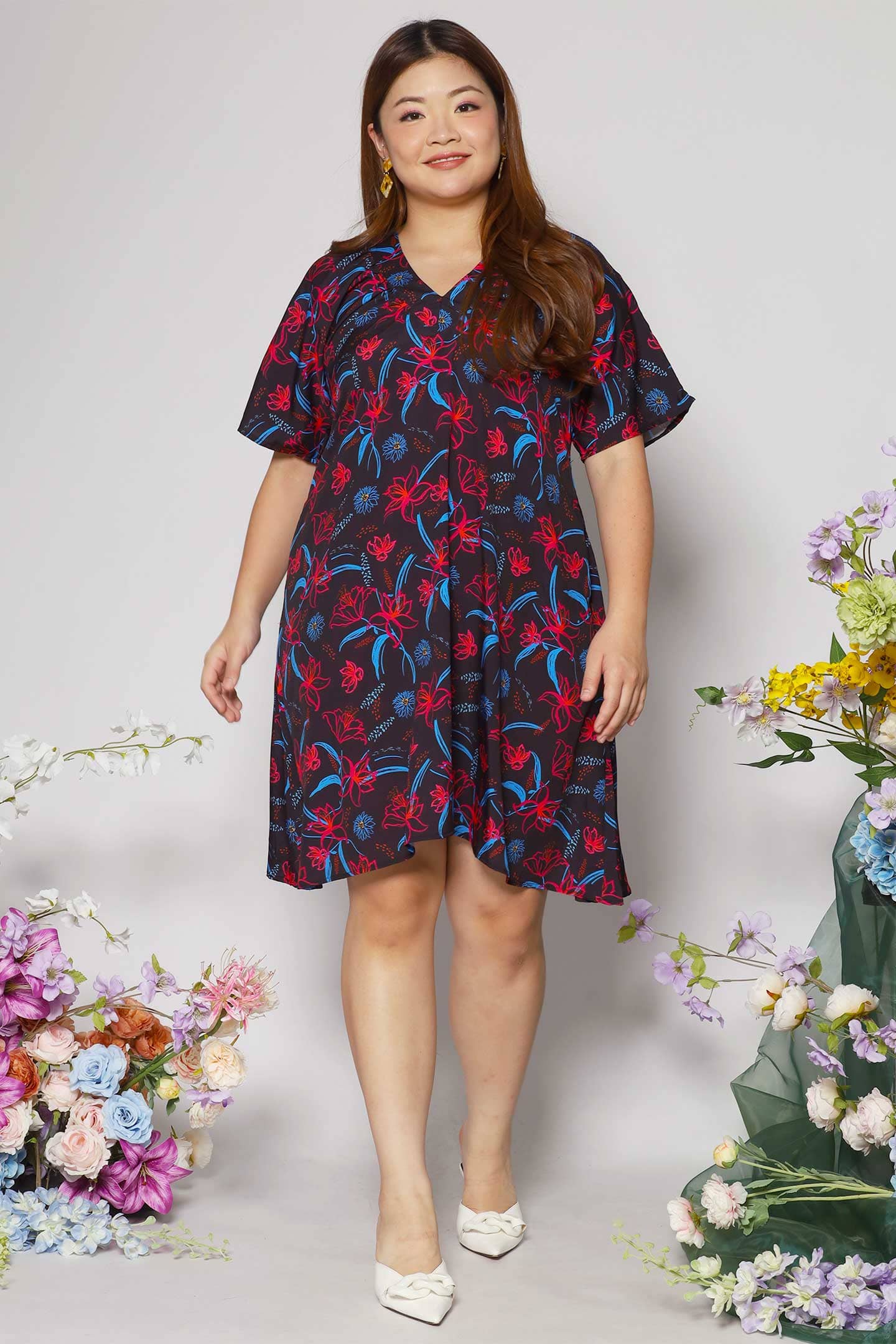 Tayler V Dress in Crimson Lilies