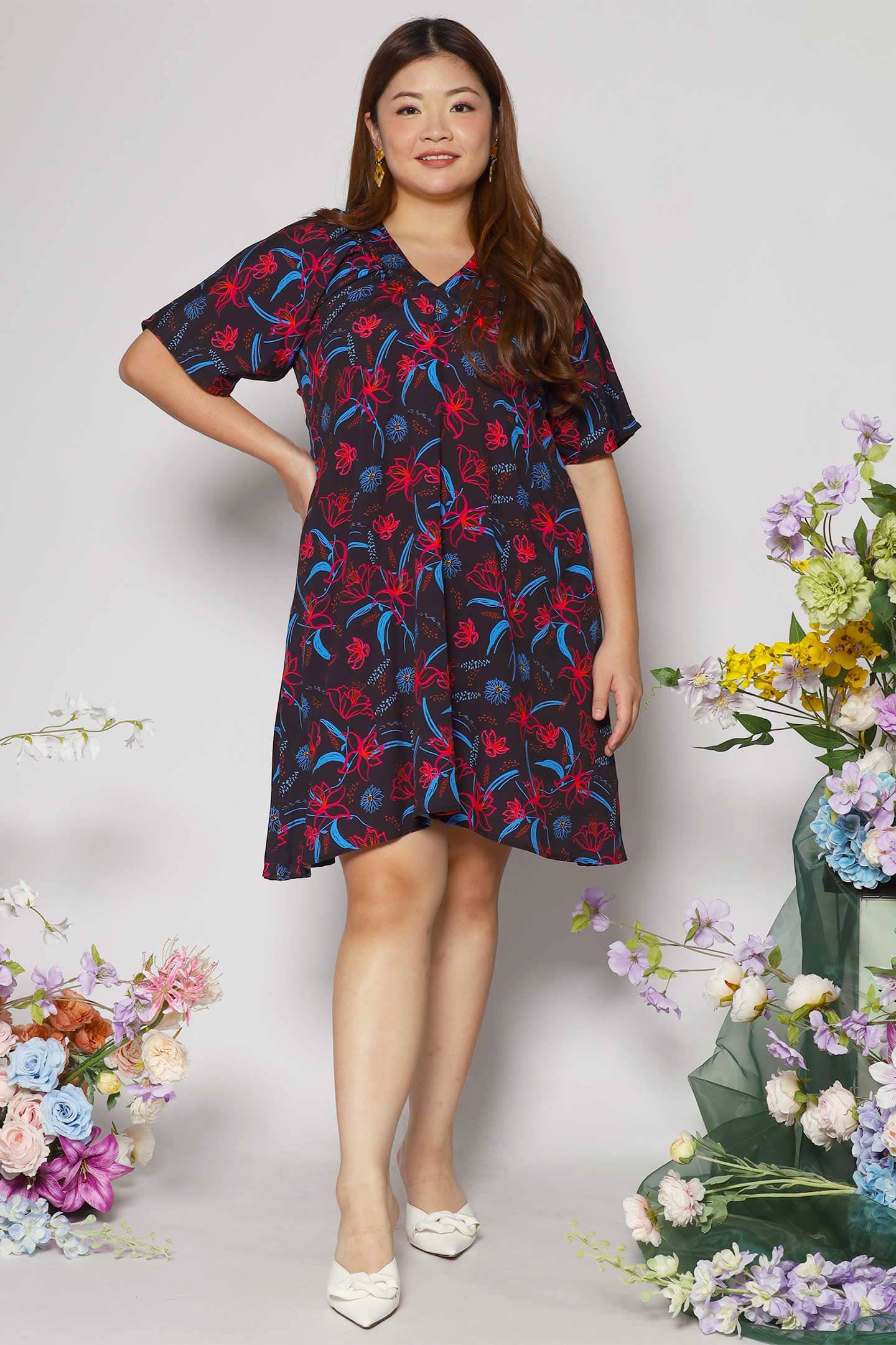 Tayler V Dress in Crimson Lilies