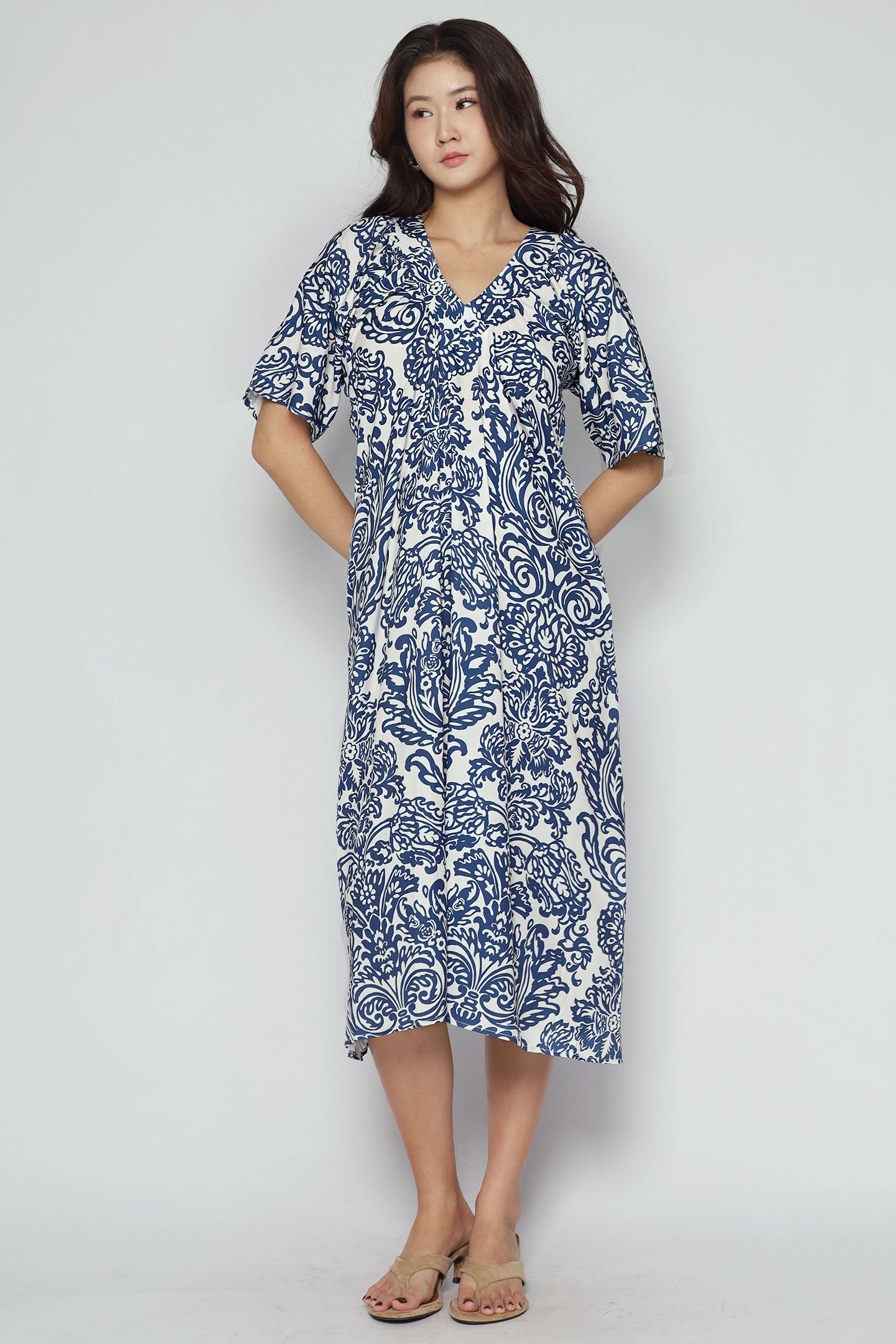 Whitney V Dress in Bluelit Blooms
