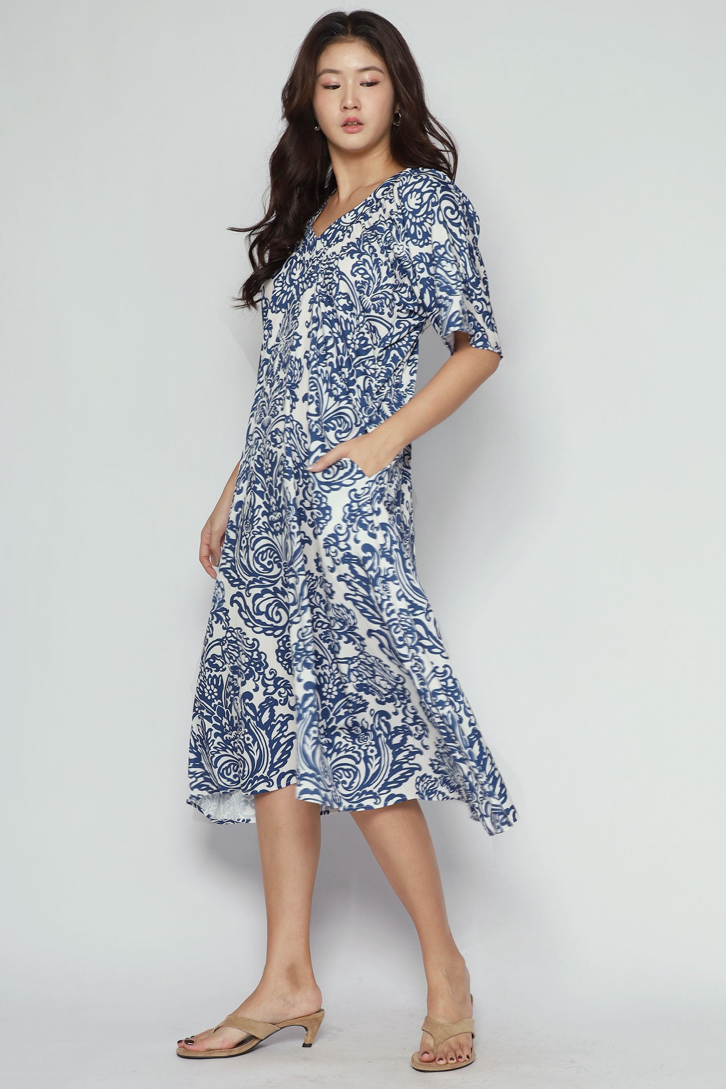 Whitney V Dress in Bluelit Blooms
