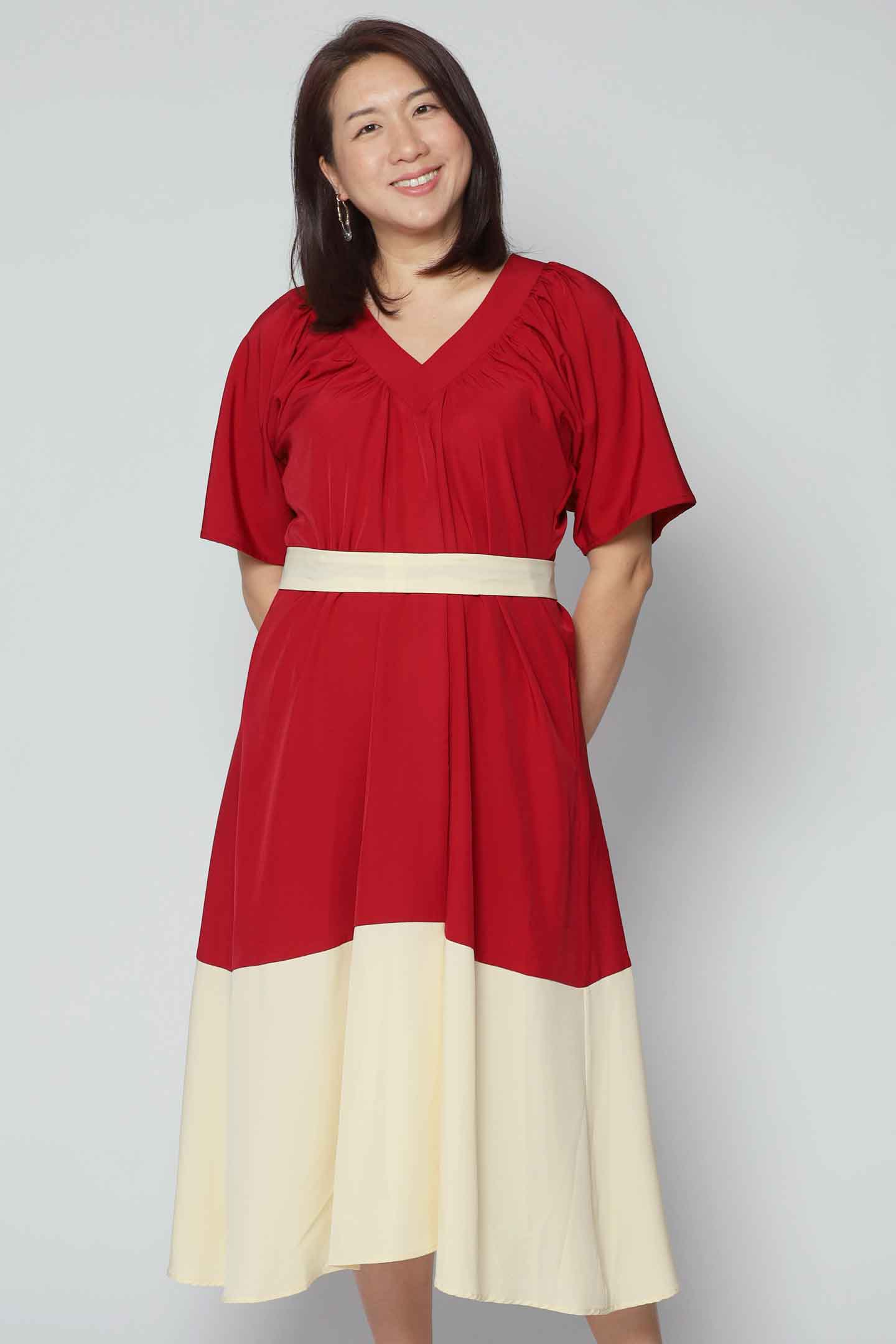 Whitney V Colourblock Dress in Red Cream