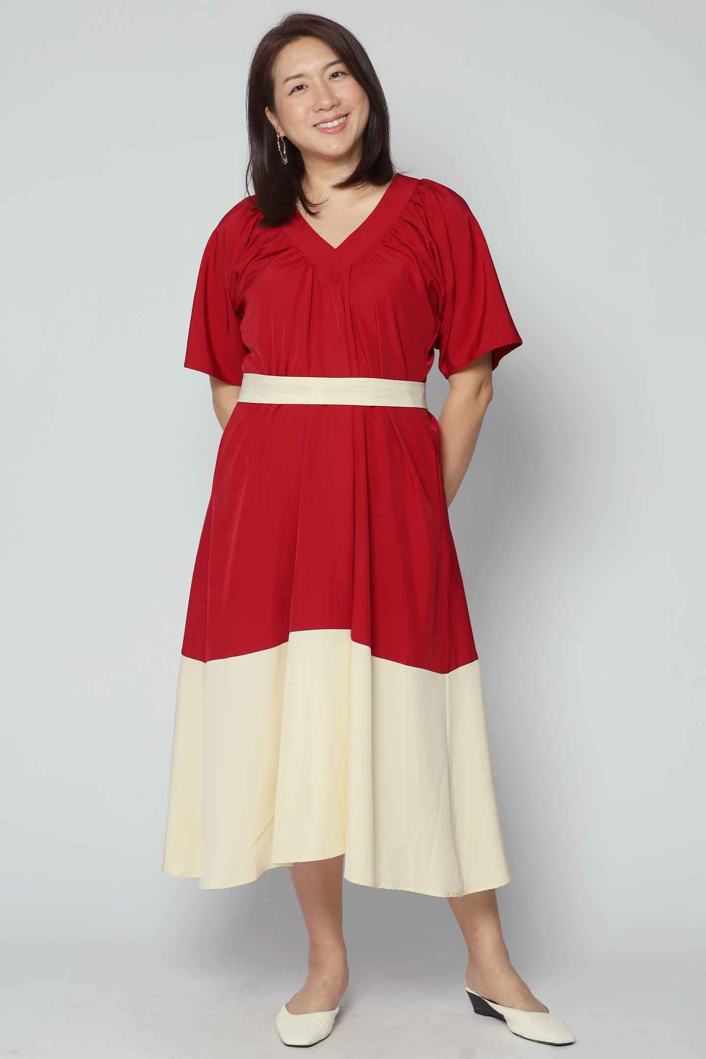 Whitney V Colourblock Dress in Red Cream