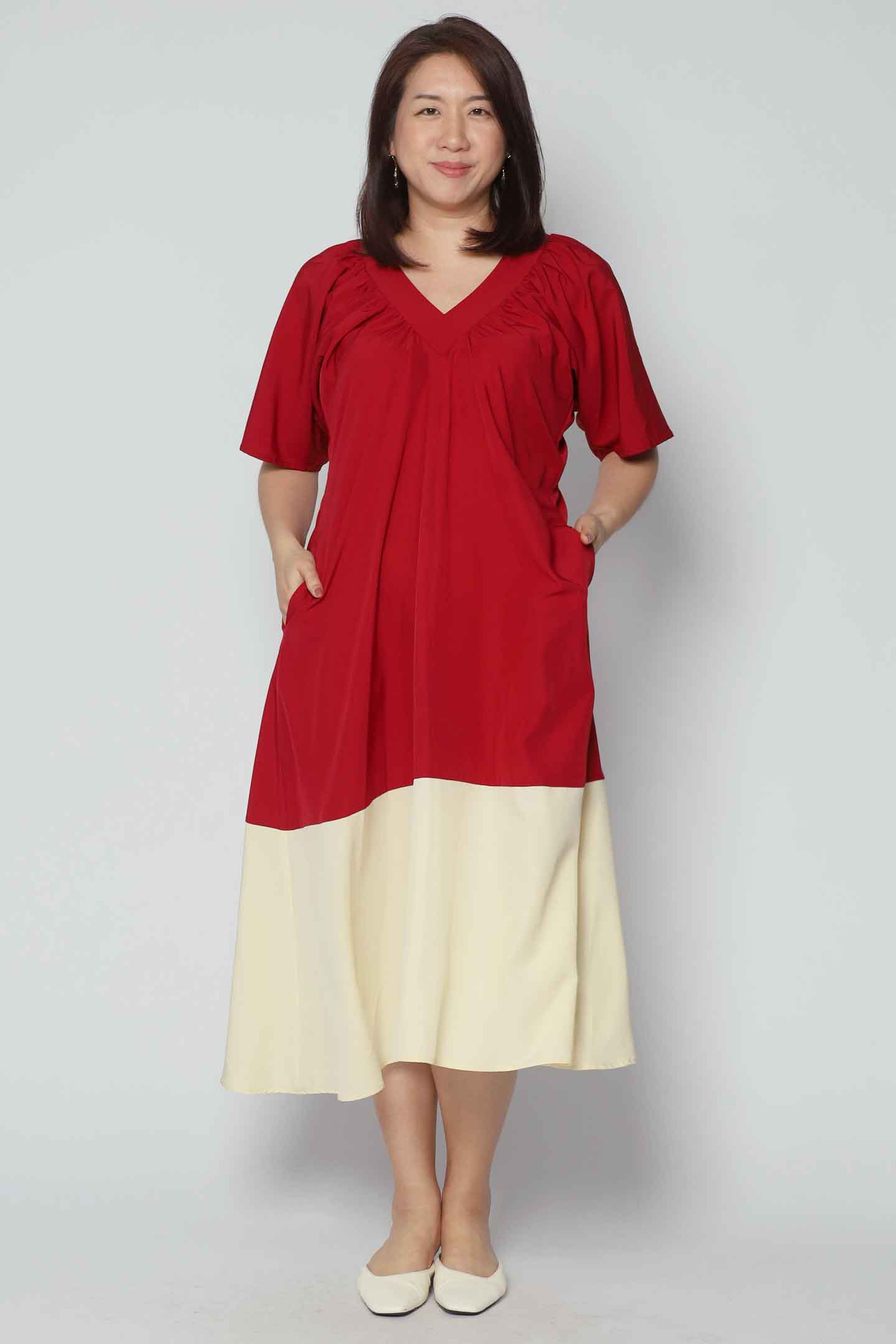 Whitney V Colourblock Dress in Red Cream