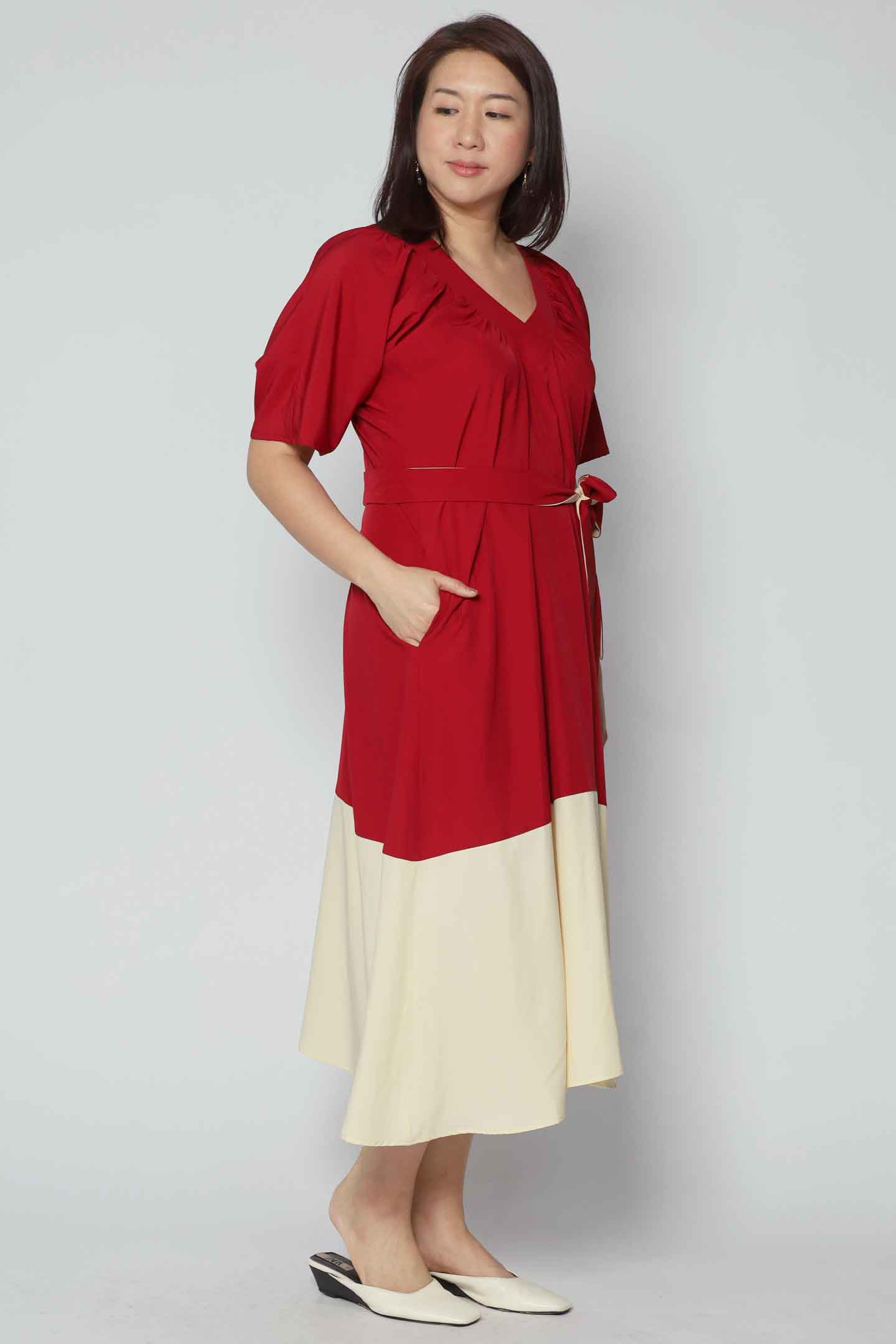 Whitney V Colourblock Dress in Red Cream