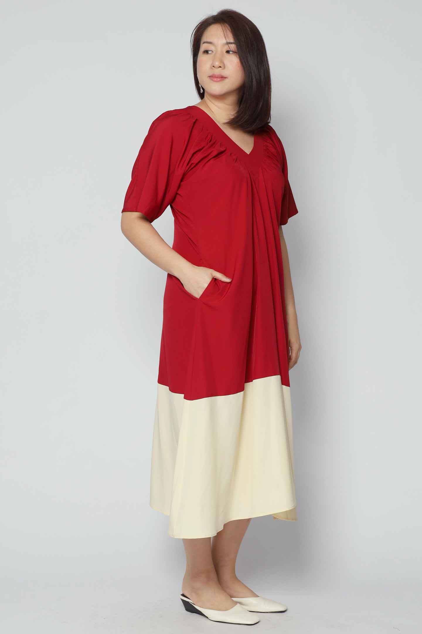 Whitney V Colourblock Dress in Red Cream