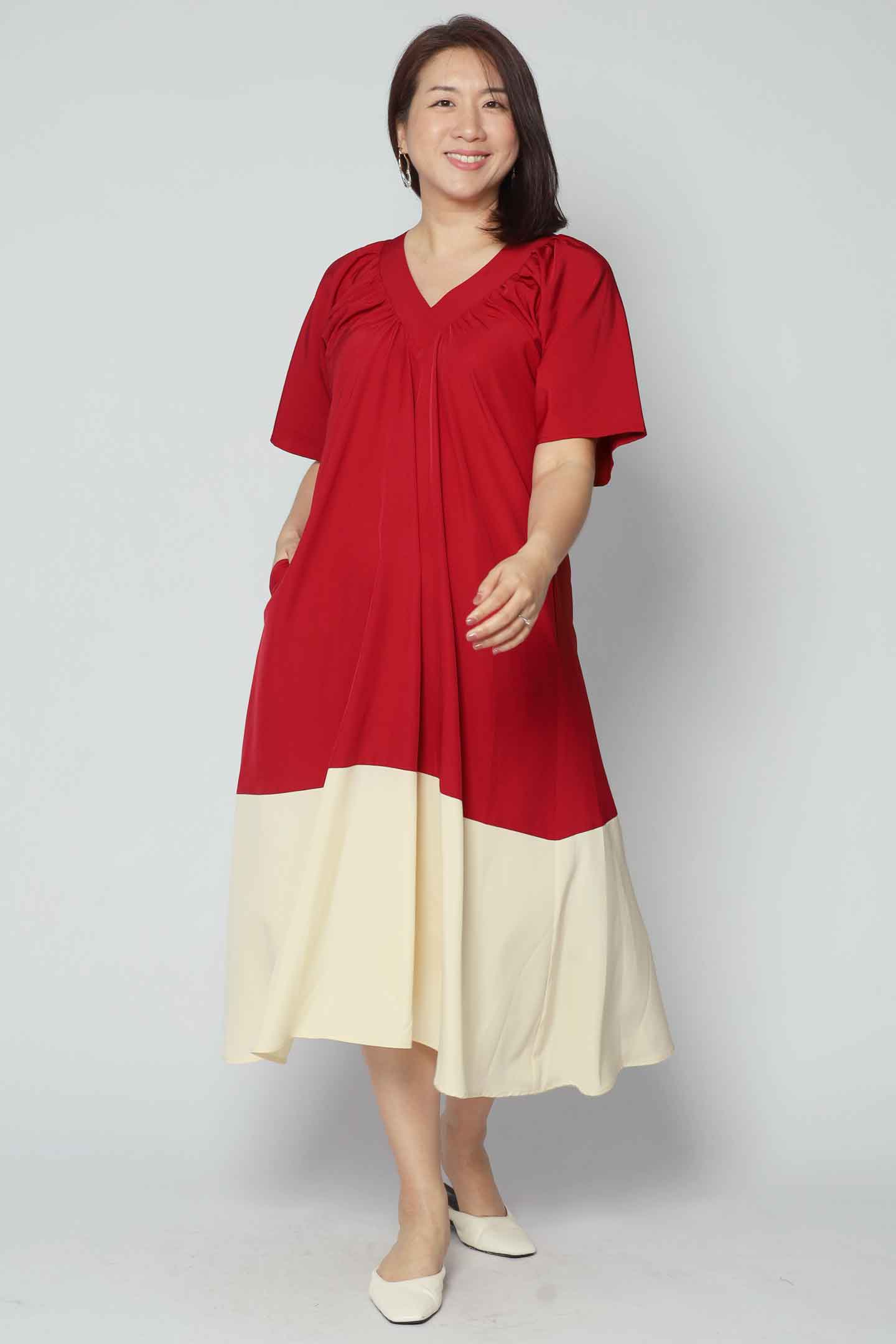 Whitney V Colourblock Dress in Red Cream