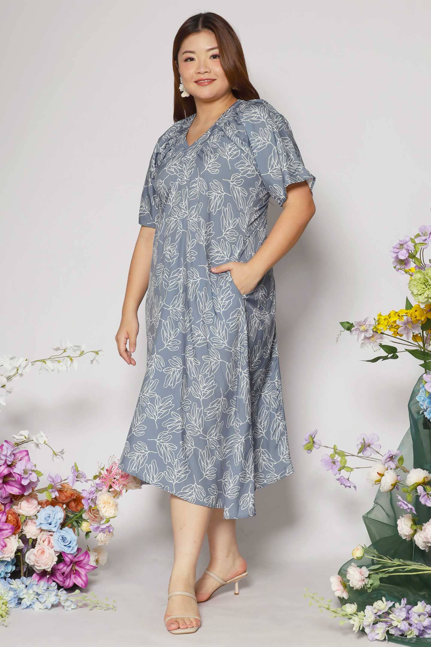 Whitney V Dress in Grey Fern