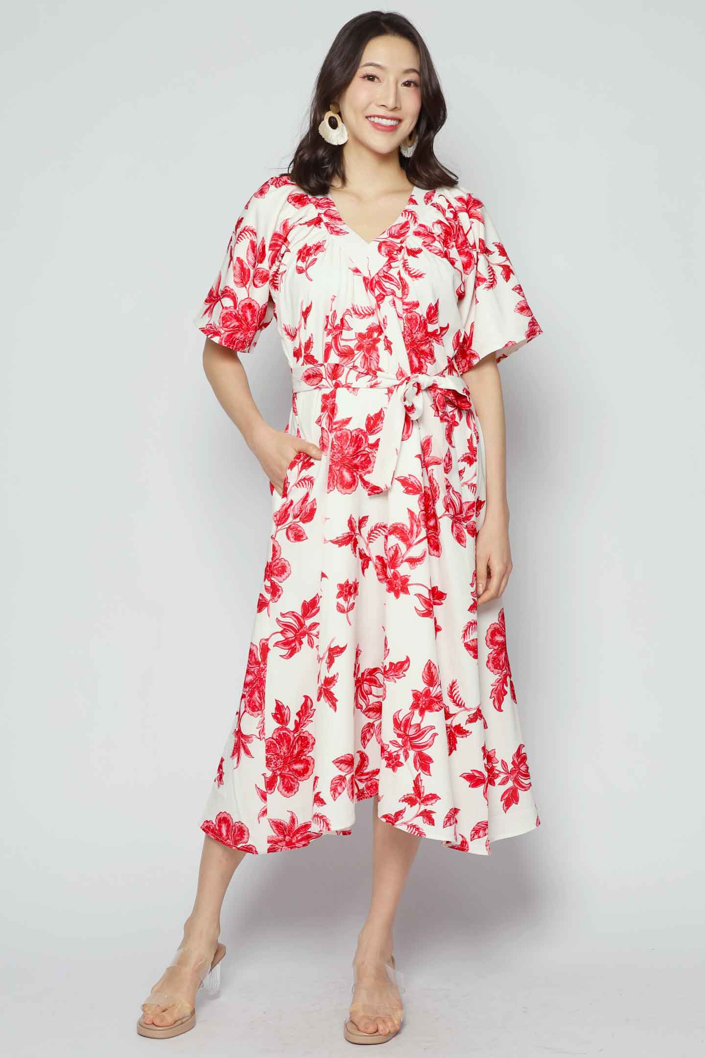 Whitney V Dress in Red Festive Blooms